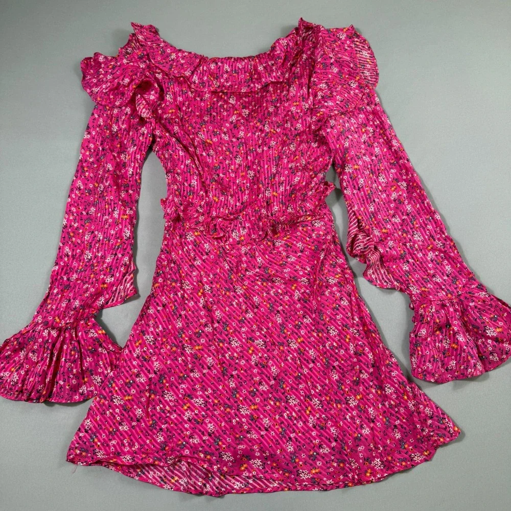 Free People Mini Dress Womens Size 6 Pink Floral Ruffle Flounce Sleeve OB1240766